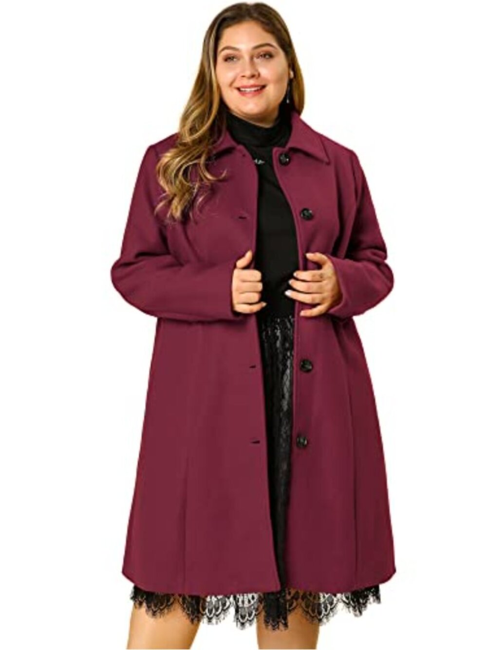 Plus Size Belted Trench Coat Winter Long Pea Coat with Pockets